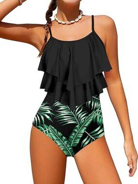 Girls Swimsuit Color Block One Piece Swimsuit 2-Tiered Ruffle Bathing Suit 11-12